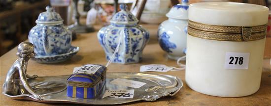 Art Nouveau tray & marble pot & box